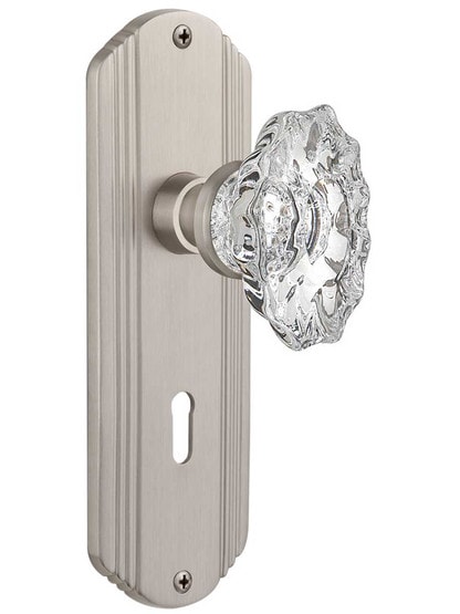 Streamline Deco Mortise-Lock Set with Chateau Crystal Glass Knobs in Satin Nickel.